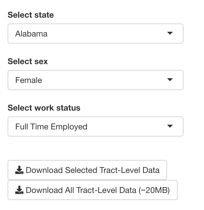 Dropdowns to select state, sex and work status for which the person using the app wants ACS 5-year earnings estimates