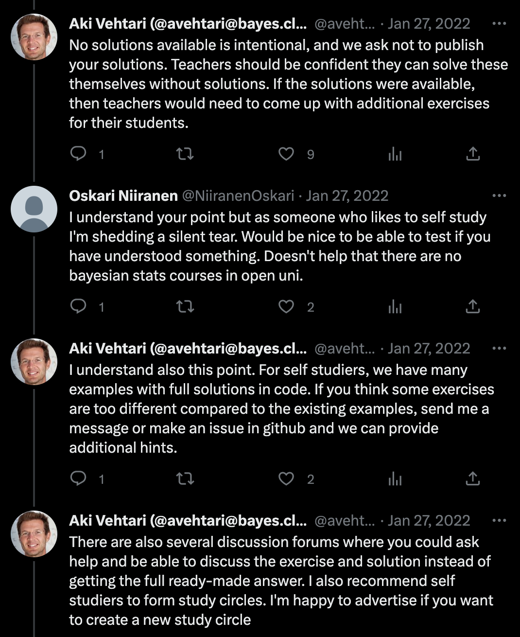 A tweet thread of Aki Vehtari explaining why they do not want solutions to the exercises published.