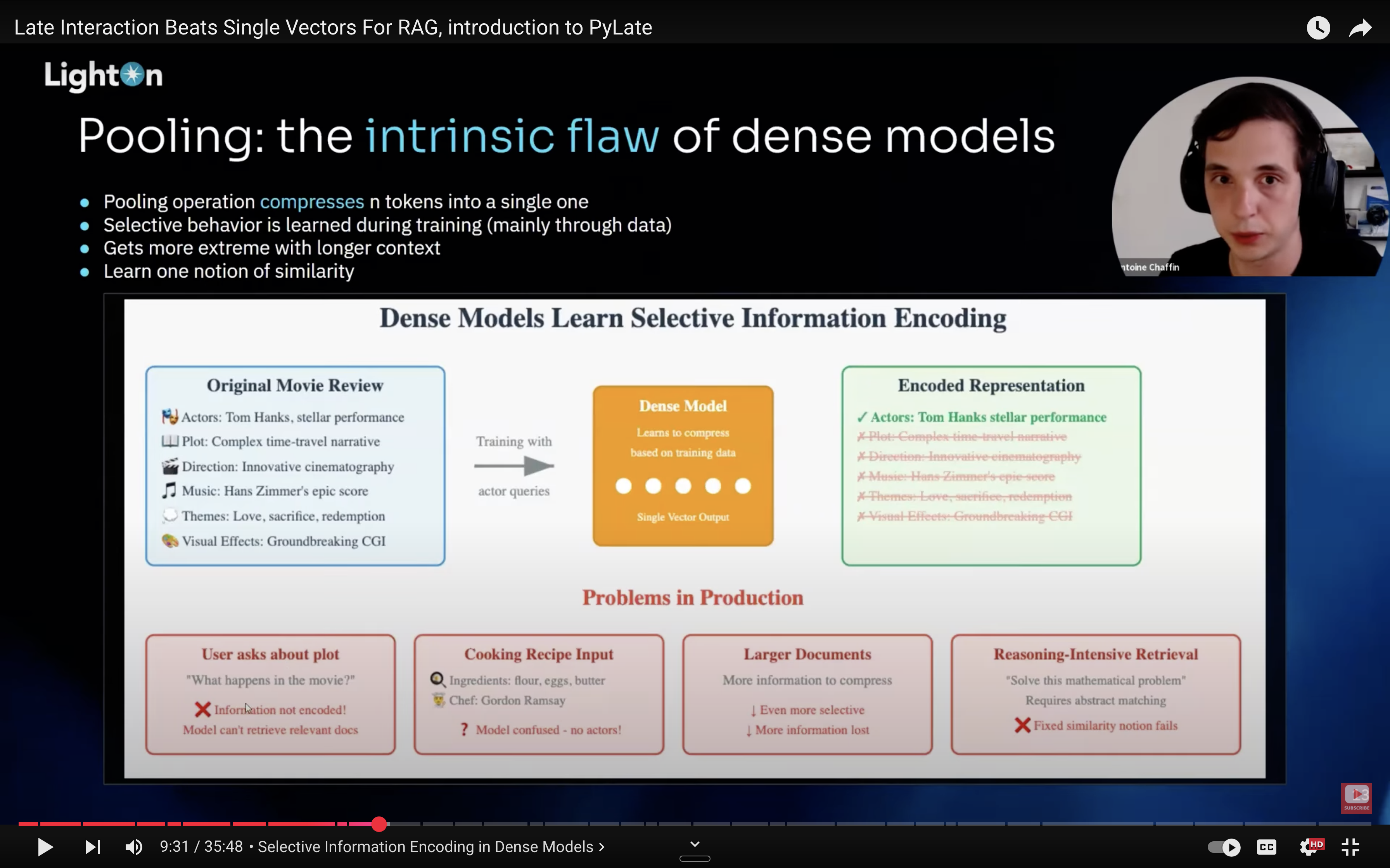 The 9:30 mark of the Late Interaction Beats Single Vectors for RAG Introduction to PyLate video